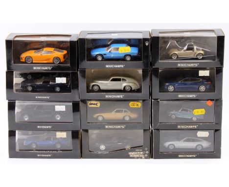 12 Minichamps 1/43rd scale diecast, with examples including a Dodge Viper Coupe, a Porsche Panamera 4 2011, a Lamborghini Jar