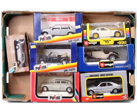 Two trays containing 15 various boxed Polistil 1/43, 1/26, and 1/24 scale diecast vehicles, mixed makers to include Polistil 