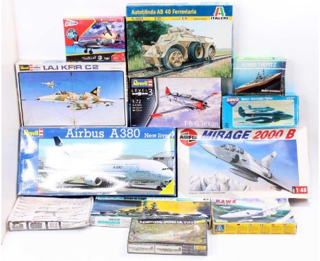 12 various boxed aircraft and military interest plastic kits, mixed scale, to include an Airfix Mirage 2000B aircraft, a Novo