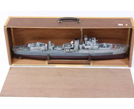 A very well made 1/96 scale model of an HMS Eastern LO9 WWII Hunt Class escort destroyer, comprising fibreglass hull with whi