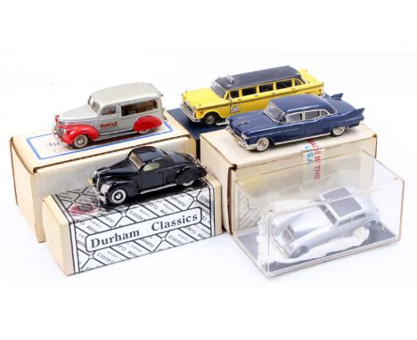 A collection of 5 mixed 1/43rd scale white metal models comprising a USA Models USA1 1958 Cadillac Limo, a MiniMarque GTA mod