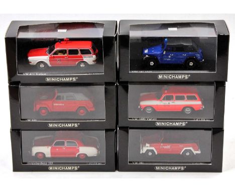 6 Minichamps 1/43rd scale diecast Volkswagen Mercedes emergency vehicles, with examples including a Volkswagen 411 Variant Fi