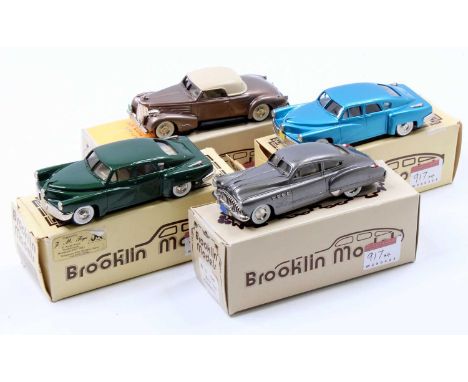 A Brooklin Models 1/43 scale white metal vehicle group to include a No. 14 1940 Cadillac V16 convertible, a BRK 2X 1948 Tucke