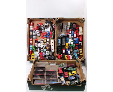 Three trays containing a collection of mainly 1/43 scale Corgi, Vanguards, Atlas Edition and similar modern release diecasts,