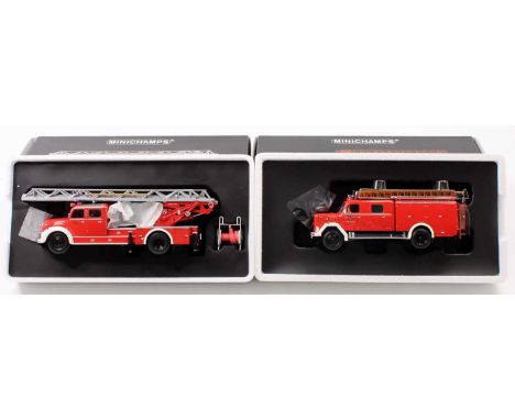 2 Minichamps 1/43rd scale Magirus-Deutz Fire Engine models comprising No. 439 140071 Magirus S 6500 Aerial Ladder 1955, and N