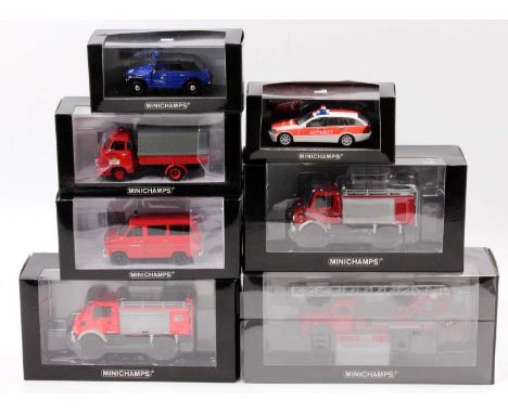 One box containing seven various 1/43 scale Minichamps emergency services diecasts to include a Mercedes Benz L3500 DL 17 195