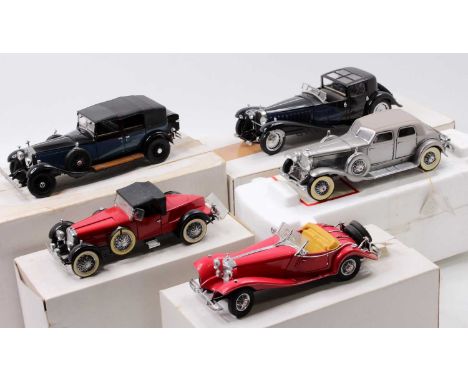 5 boxed Franklin Mint 1/24th scale diecasts comprising a 1930 Bugatti Royale, a 1933 Duesenberg SJ Twenty Six Grand, a 1929 R