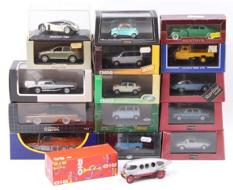 A collection of 16 boxed mixed 1/43rd scale models, with examples including a Minichamps Porsche Cayenne, a Starline Models L