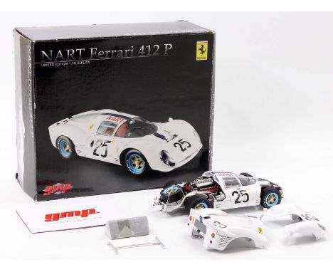 A GMP Model No. G1804114 1/18 scale replica model of a Nart Ferrari 412P finished in white with blue bonnet stripe, and racin