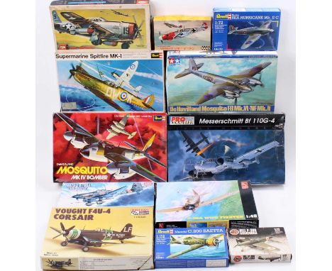 12 mixed plastic WW2 aircraft kits, with specific examples including a Revell 1/32nd DeHavilland Mosquito MKIV Bomber, a UPC 