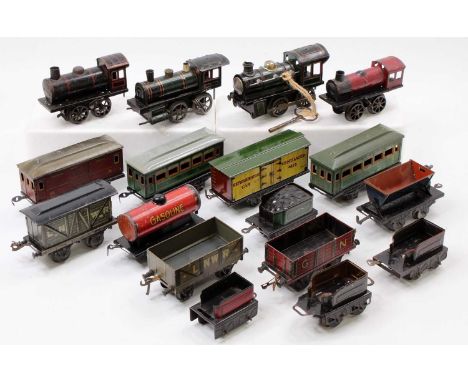 Large tray of German made 0-4-0 clockwork locos &amp; tenders and rolling stock: KBN loco &amp; tender green with black/gold/