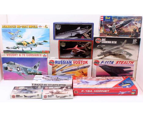 12 mixed aircraft kits with specific examples to include an Airfix 1/72nd scale F-18A Hornet, an ESCI 1/48th scale Vought A-7