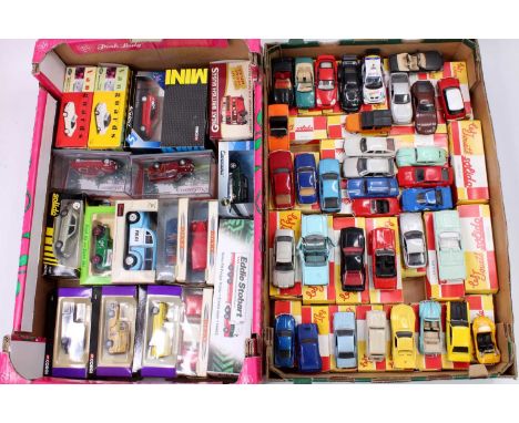 Two trays containing a collection of mixed Corgi, Solido and similar 1/43 scale diecast vehicles, the majority housed in orig