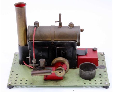 Bowman Models, Dereham, PW203, stationary steam plant, mounted on Meccano metal base comprising of BM tin housed boiler, conn