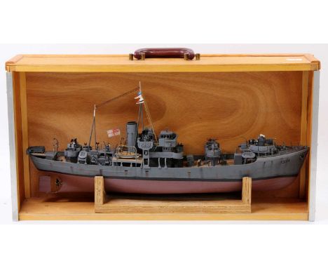 A very well made scale model of an HMS Grenadier T334 WWII military class armed trawler, comprising fibreglass hull, white me