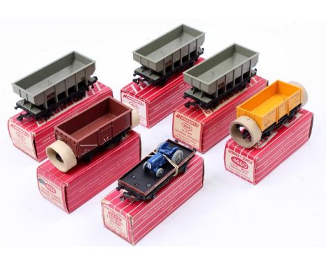 Six Hornby-Dublo super detail ‘less common’ goods wagons, all plastic wheels: 3 x 4644 Hopper; one 4649 low sided with tracto