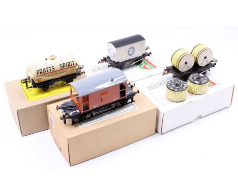 Four 0 Gauge tinplate wagons: two Bassett-Lowke/Corgi – Pratt’s Spirit tank, cream &amp; BR 20ton goods brake with working re