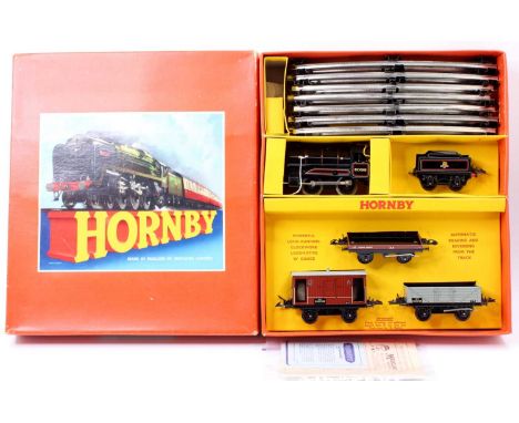1957-61 No.55 Hornby Goods BR set, clockwork, comprising Type 50, 0-4-0 loco &amp; tender black lined red &amp; grey with ten