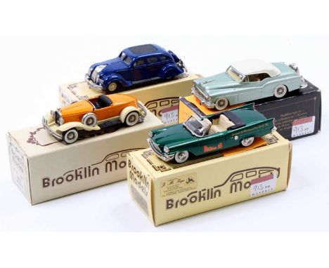 A collection of four Brooklin Models 1/43 scale white metal hand built vehicles to include a BRK No. 20 light green Buick Sky
