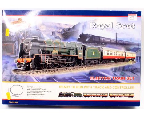 A Bachmann 00 gauge Royal Scot electric train set comprising of locomotive, two coaches, Bachmann control unit, power lead, a