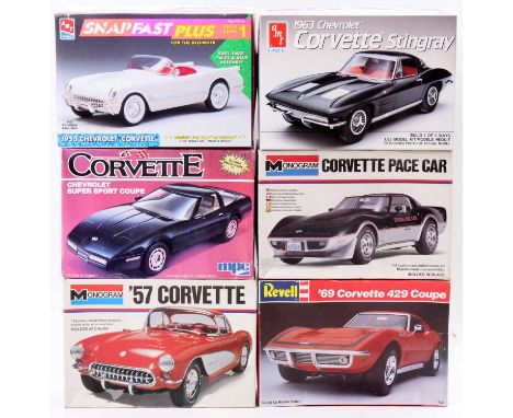 6 various Corvette plastic car kits, with examples including a Monogram 1/24th scale '57 Corvette, an AMT 1/25th scale 1963 C