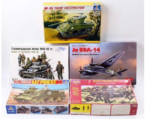 A collection of 5 mixed scale military kits comprising an Italeri 1/35th scale M-36 Tank Destroyer, and an M7 Priest self pro