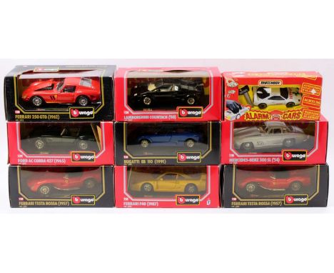 Burago 1/24th scale boxed group of 8 with examples including an AC Cobra, a Ferrari F40, a Lamborghini Countach, and others, 