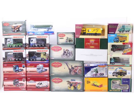 2 trays containing 25 boxed Corgi Toys modern issue diecasts, with examples including Vintage Glory No. 80108 Fowler B6 Crane