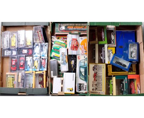 Three trays containing a mixed quantity of various modern issue diecast, plastic kits and Meccano, to include Corgi, Oxford D