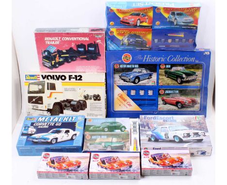 10 various plastic kits with examples including a Revell 1/25th scale Volvo F-12 Truck, an Italeri 1/24th scale Ford Escort R