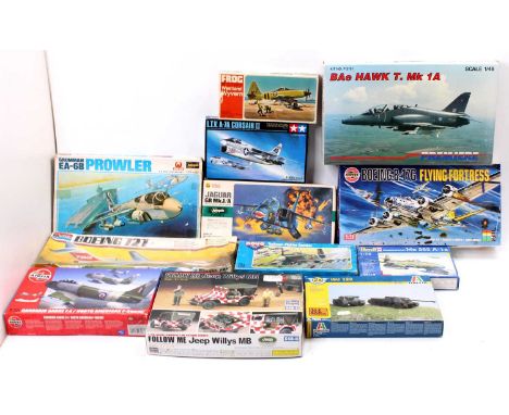 One box containing 12 various boxed military aircraft and vehicle plastic kits to include Hasegawa, Revell, Tamiya, and other