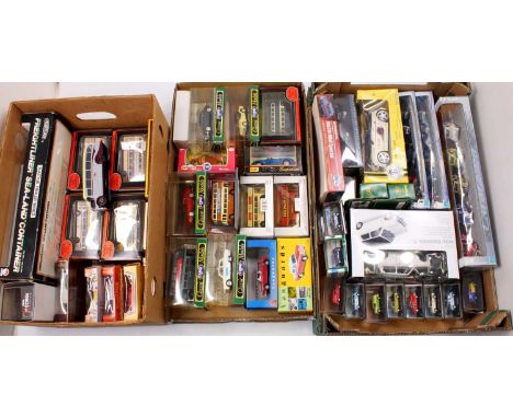 Three trays containing a collection of various 1/76 and 1/43 scale modern issue diecasts to include Vanguards, Corgi, Oxford 