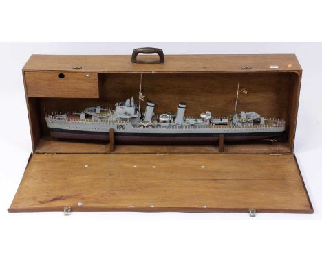 A 1/96 scale kit built model of an HMS decoy H75 1930s D-class destroyer, comprising fibreglass hull with white metal etched 