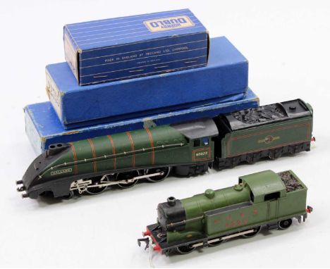 Two Hornby-Dublo 3-rail locos: EDL7 0-6-2 LNER green tank loco, chassis changed to one with black painted wheels and plastic 