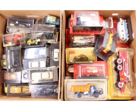 2 boxes containing a quantity of 1/43rd scale diecast models, with examples including an Abrex Skoda 1203 Van, a Norev Vespa 