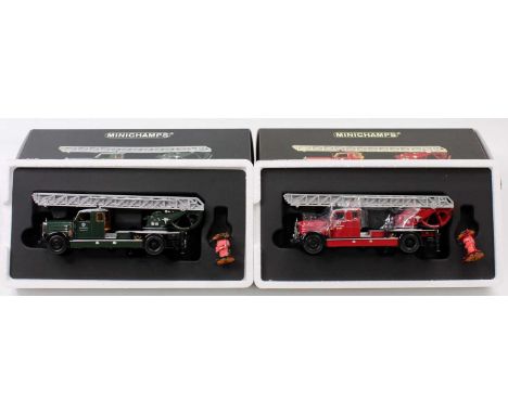 2 Minichamps 1/43rd scale Mercedes Benz LoD3750 DL26 Fire Engines, reference numbers 439 035370, and 439 035371, both in thei