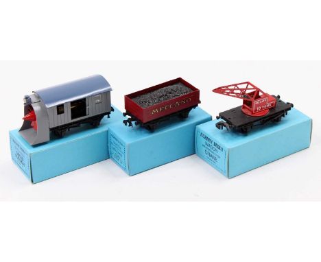 Three wagons: Snowplough, light grey, working; Meccano coal wagon deep red with coal; No.1/50 crane, red ‘To lift 10 Tons’;