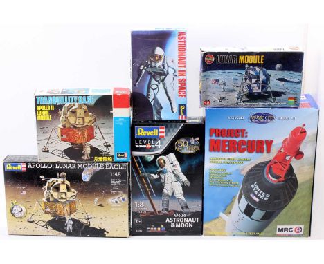 One box containing a collection of mixed space and astronaut related plastic kit group to include an Atomic City Project Merc