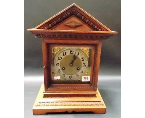 Junghams two train oak cased mantle clock with 6" brass dial with silver chapter ring with Arabic numerals, the movement stri