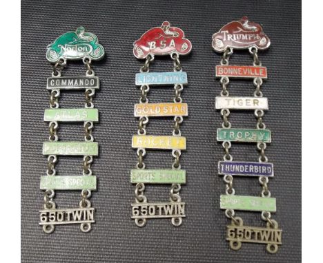 Three vintage motorcycle enamel badges by Aviakit for BSA, Triumph & Norton each with competition bars underneath