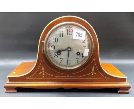 Napoleon hat 2-train mantel clock with silvered 4.5" dial with Arabic Numerals within an attractive ivory inlaid case, width 