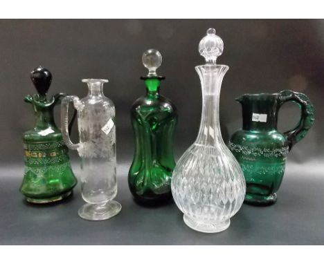 Victorian green glass enamel decorated jug; together with four other glass decanters (5)