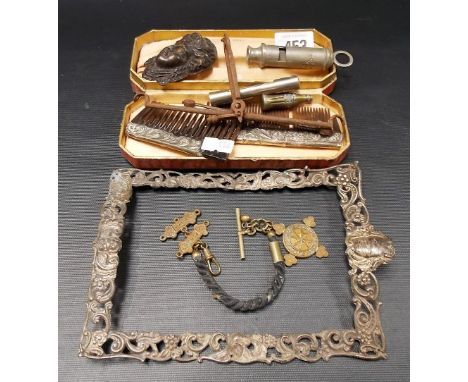 Miscellaneous including a silver pierced and embossed frame surround, a hair and base metal watch Albert, Acme City whistle, 
