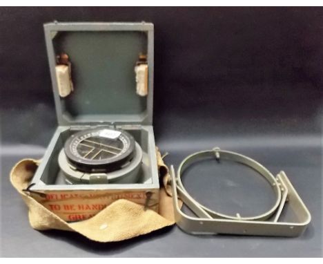 Military compass type PII within a grey painted & stencilled pine case
