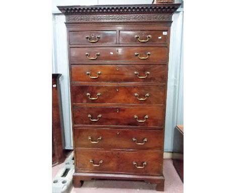 Good George III mahogany Chippendale influence tall chest of small proportions, the moulded dentil, egg and dart cornice over