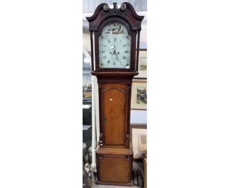 18/19th Century 8-day long case clock, the 12" white enamel dial painted with exotic birds & signed R.T. FLETCHER, CHESTER, t