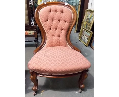 Victorian spoon back peach Damask upholstered walnut framed ladies' salon chair.