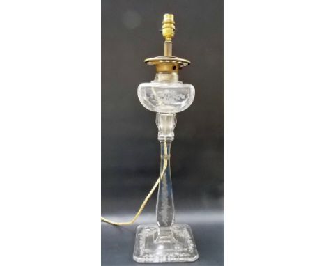 20th Century cut glass large oil lamp, converted to electricity, with foliate etched decoration, height overall 24"