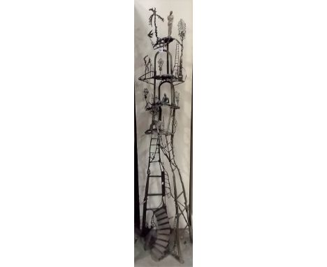 Contemporary metal & enamel tall sculpture made from reclaimed materials depicting two figures & animals, height 73"