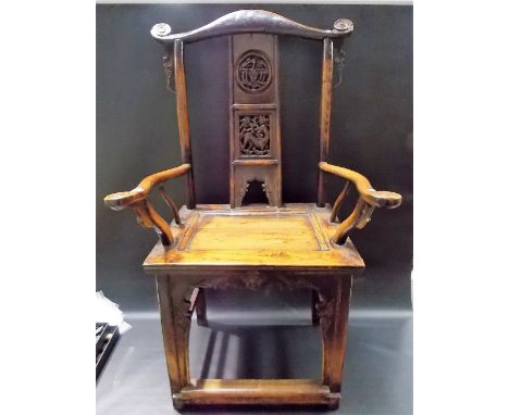 Good antique Chinese hardwood 'Official's Hat' yoke back armchair, the bold scroll top rails over a rectangular carved and pi